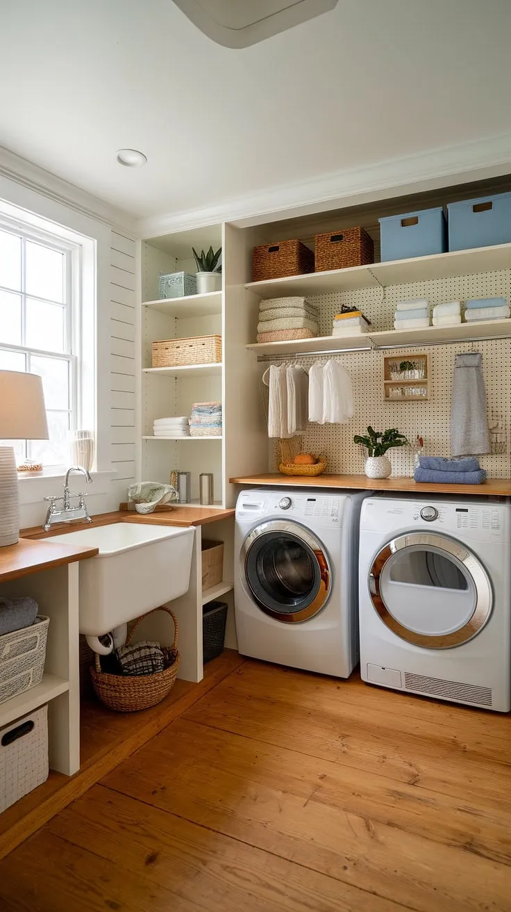 This basement utility room transformation is pure laundry room inspo! From drab to fab, this laundry room renovation boasts a dream laundry room aesthetic with clever laundry room layouts, ample storage shelves, a deep sink perfect for pre-treating, and even a window to brighten the space. The addition of a counter with a lamp creates a functional and stylish home laundry room, blurring the lines between a mudroom laundry and a dedicated laundry space. This is serious laundry room inspiration for anyone looking for laundry ideas.