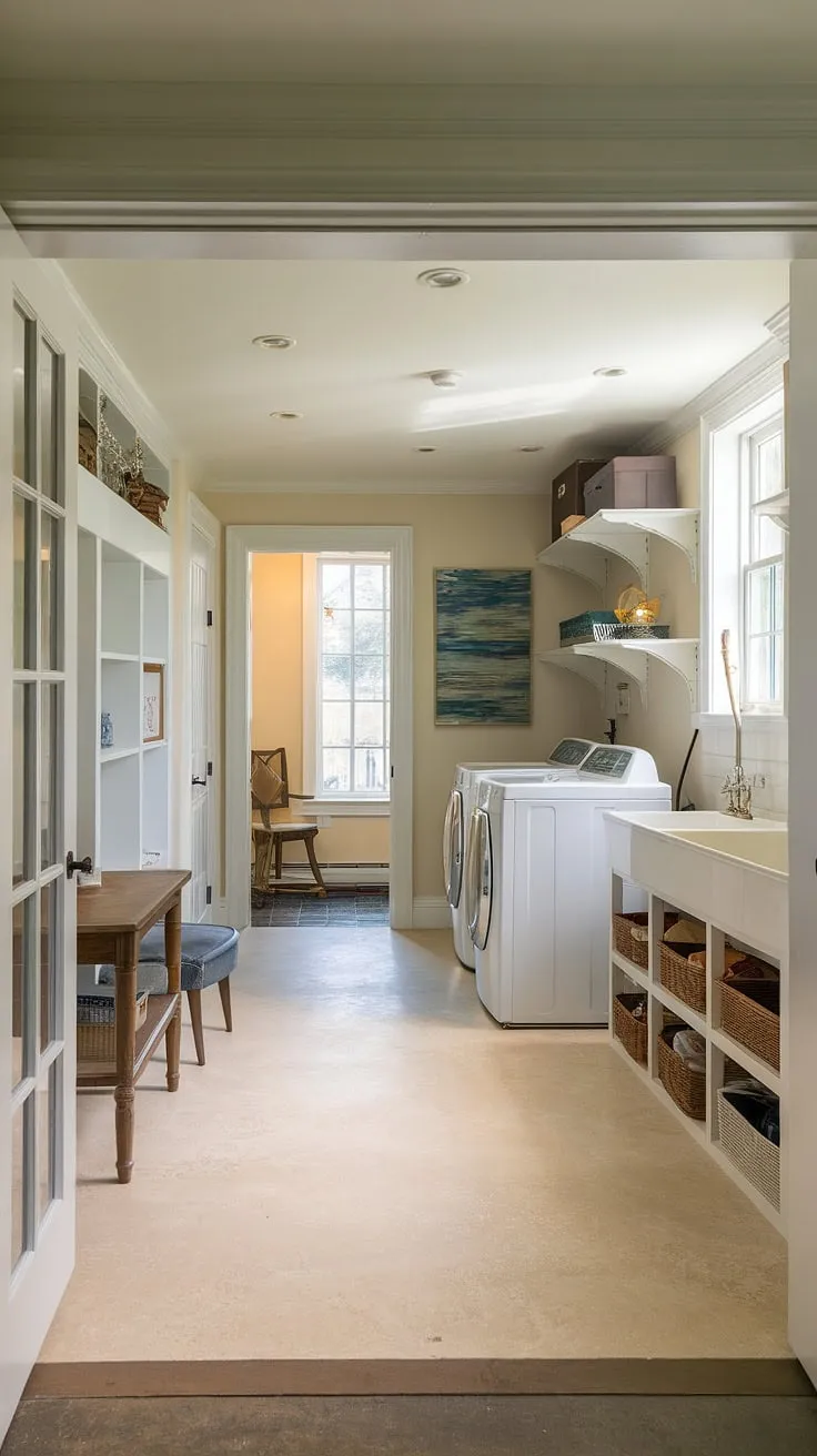 This bright and functional basement utility room seamlessly blends laundry and mudroom needs, offering laundry room inspo for your next renovation. Dream laundry room achieved!