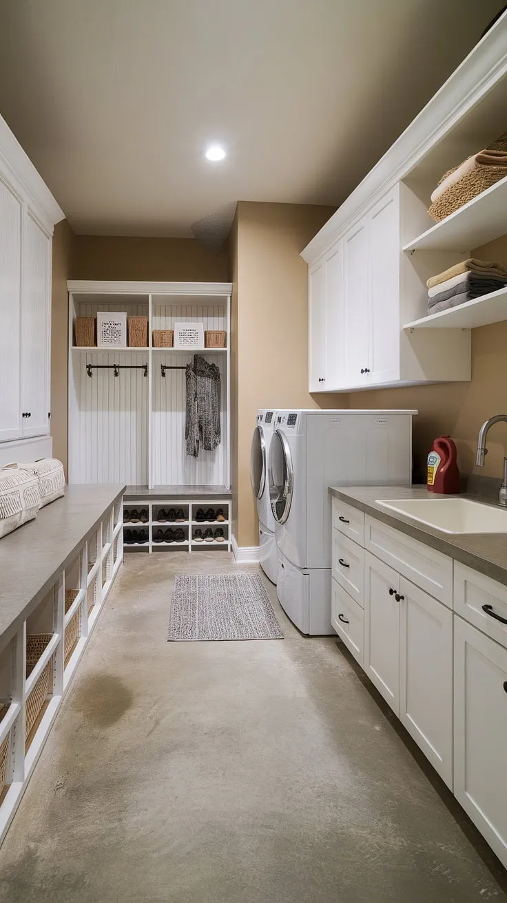 Achieve laundry room perfection with this laundry room inspiration. This laundry room renovation cleverly combines a basement utility room with a mudroom laundry, resulting in a dream laundry room. Note the efficient use of space, showcasing smart laundry room layouts and practical laundry ideas. The white cabinetry, ample counter space, and dedicated mudroom area make this home laundry room a true source of laundry room inspo.