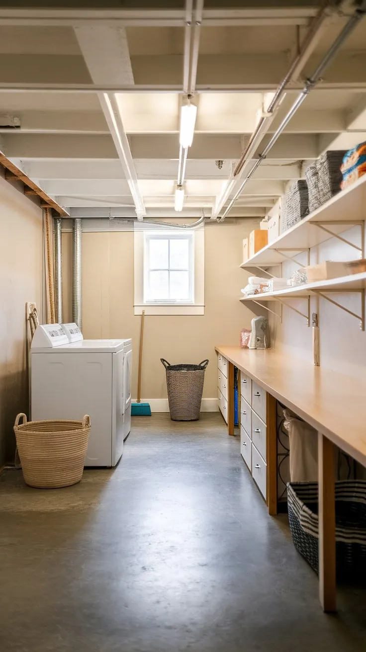 From drab basement utility room to dream laundry room! This laundry room inspiration project features a stunning transformation, showcasing smart laundry room layouts and practical laundry ideas. The bright lighting and stylish wooden counter create a welcoming atmosphere, while the added shelving and storage make this home laundry room incredibly functional. Perfect for those seeking mudroom laundry solutions, this laundry mudroom offers a blend of style and practicality, providing plenty of laundry room inspiration for your own renovation.