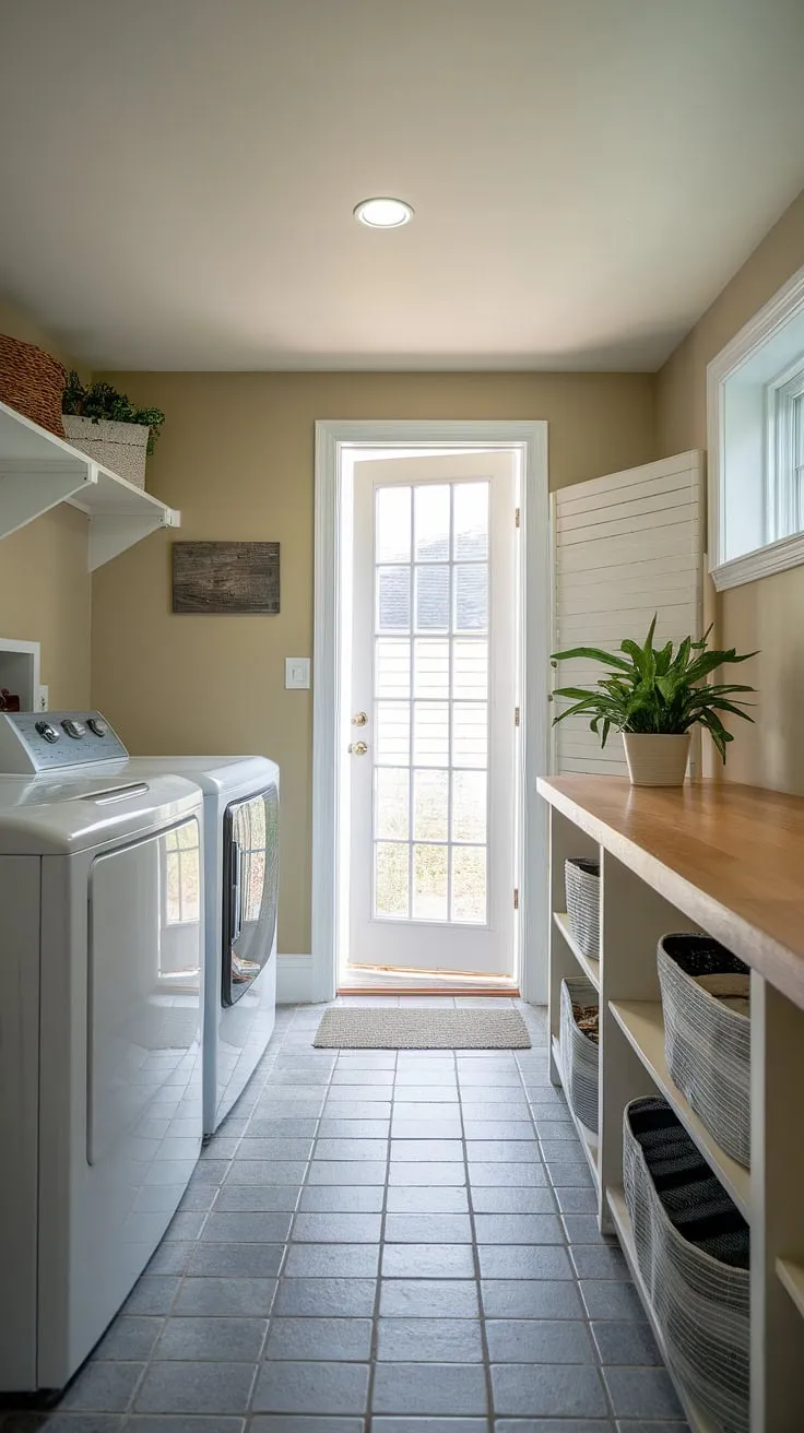 Transform your basement into a dream laundry room. This laundry mudroom design proves that even a basement utility room can be a source of laundry room inspiration, showcasing practical laundry room layouts and offering plenty of mudroom laundry storage.