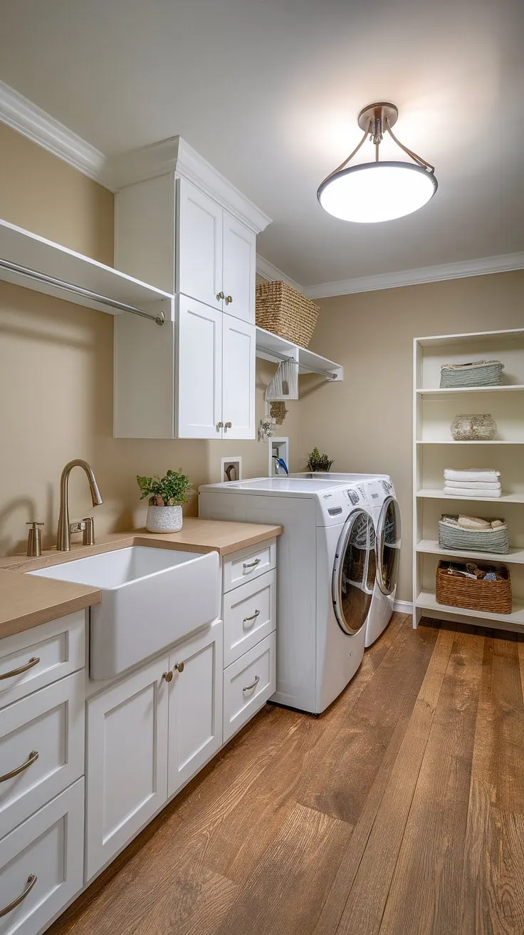 Achieve your laundry room goals with this basement utility room design. This home laundry room boasts a stunning laundry room renovation, featuring a clean white aesthetic, efficient laundry room layouts, and plenty of storage solutions. The combination of a sink, washer, dryer, and shelving makes this the ultimate laundry mudroom or mudroom laundry space. Find laundry room inspiration and laundry ideas in this dream laundry room, a true testament to thoughtful planning and stylish execution.