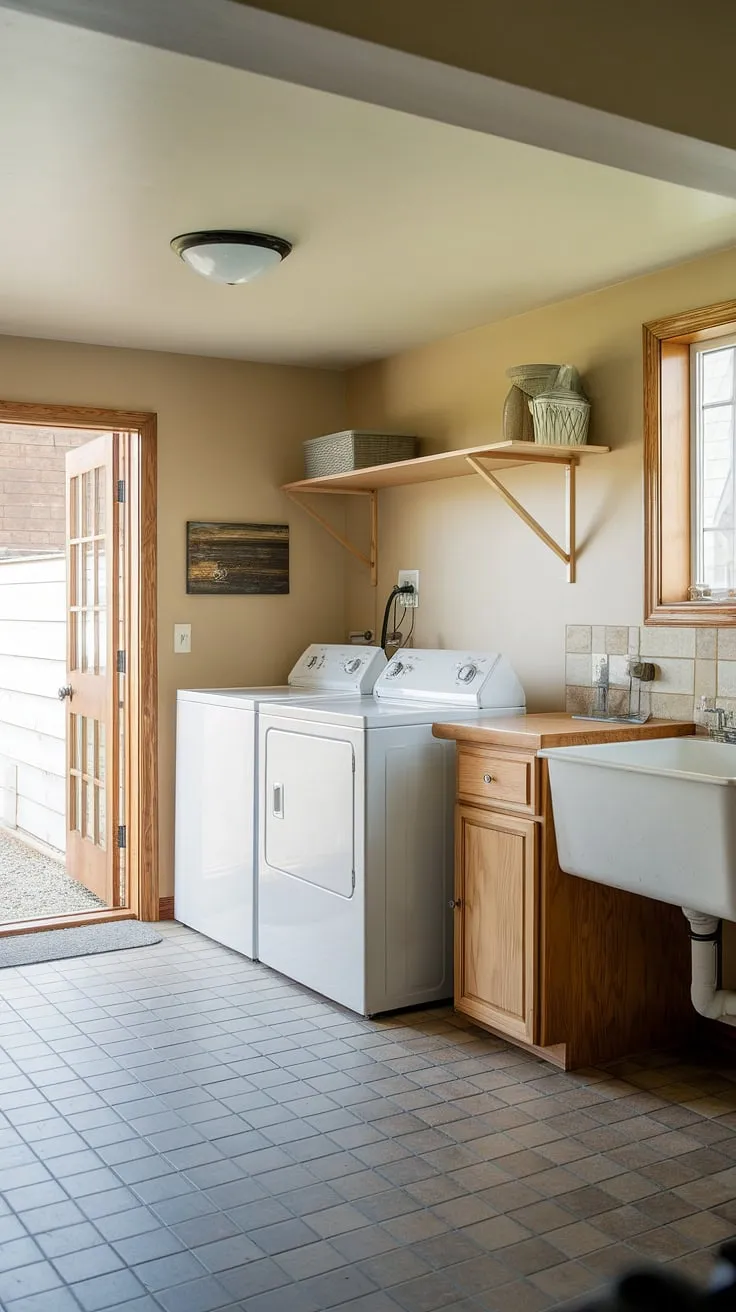 This basement utility room seamlessly blends functionality with style. The clean white washer and dryer, complemented by the warm wood cabinet and tiled floor, create a dream laundry room. This laundry room inspo showcases smart laundry room layouts, perfect for laundry room renovation ideas. The added sink and window make it a practical and bright space, even functioning as a mudroom laundry or laundry mudroom for ultimate convenience. Plenty of laundry ideas are evident in this home laundry room design.