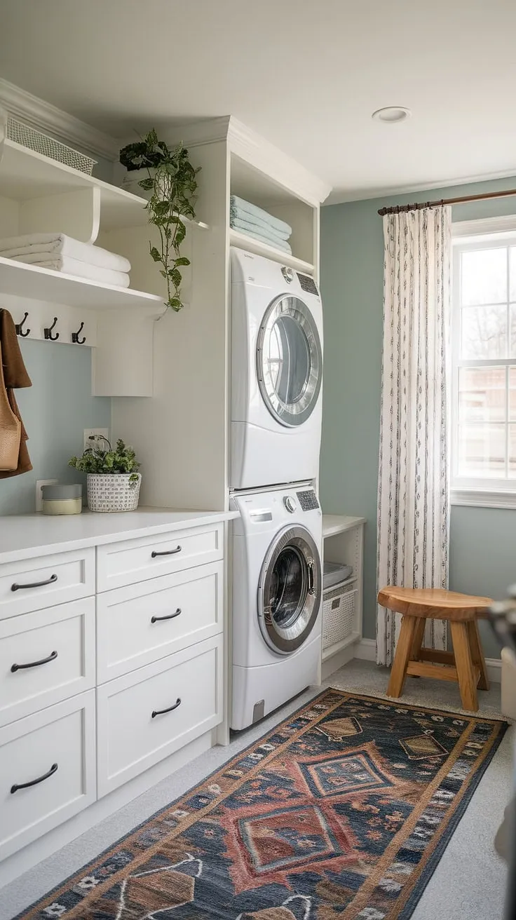 This dream laundry room boasts a clever basement utility room layout, seamlessly blending practicality with style. The white cabinetry, stacked washer and dryer, and charming wooden stool create a functional yet inviting space. A touch of greenery adds life, while the mudroom-style entrance with coat rack offers extra organization. This laundry room renovation is pure laundry room inspo, showcasing smart laundry room layouts and offering plenty of laundry ideas for your own home laundry room. It's the perfect example of a mudroom laundry or laundry mudroom design, providing laundry room inspiration for your next project.