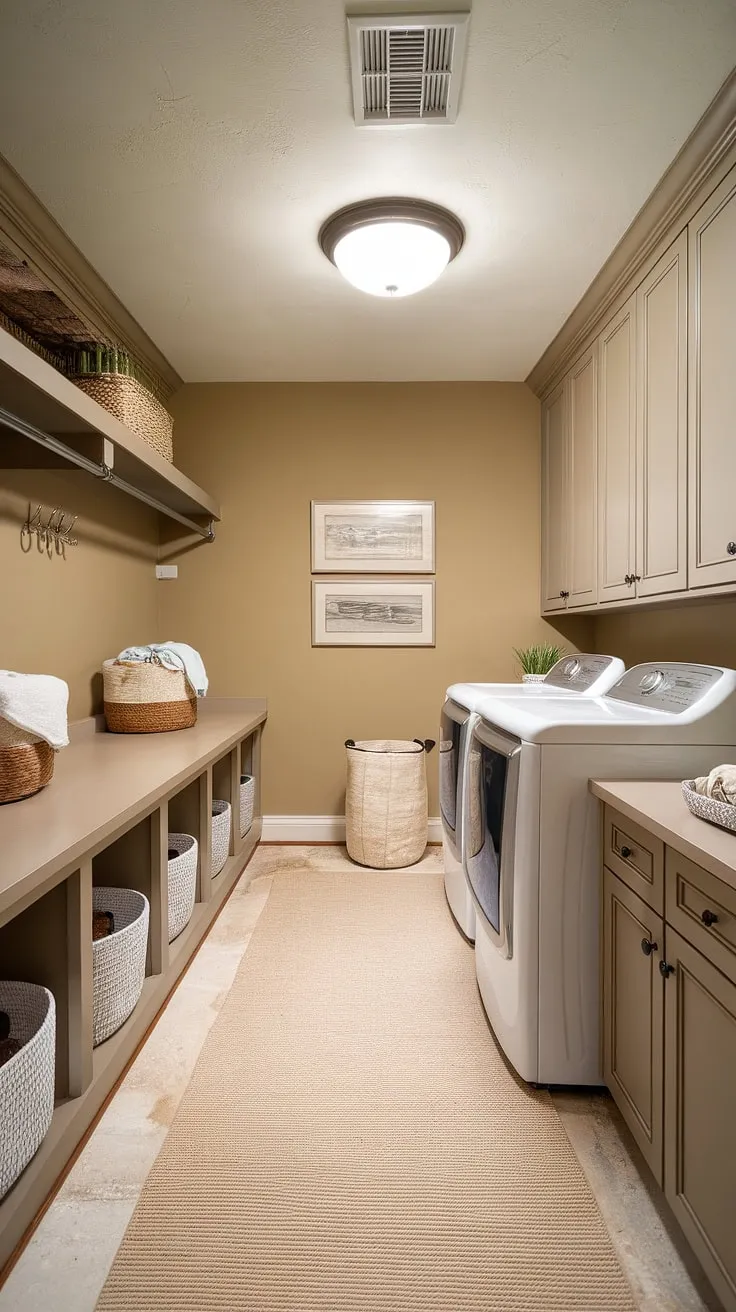 Achieve your laundry room goals with this laundry room inspiration! This basement utility room boasts a stunning home laundry room design, featuring a spacious mudroom laundry area with thoughtful laundry room layouts. The beige walls and rug create a calming atmosphere, while the ample storage and efficient design make this the ultimate dream laundry room. Consider this image for your next laundry room renovation, incorporating these laundry ideas into your own laundry mudroom.