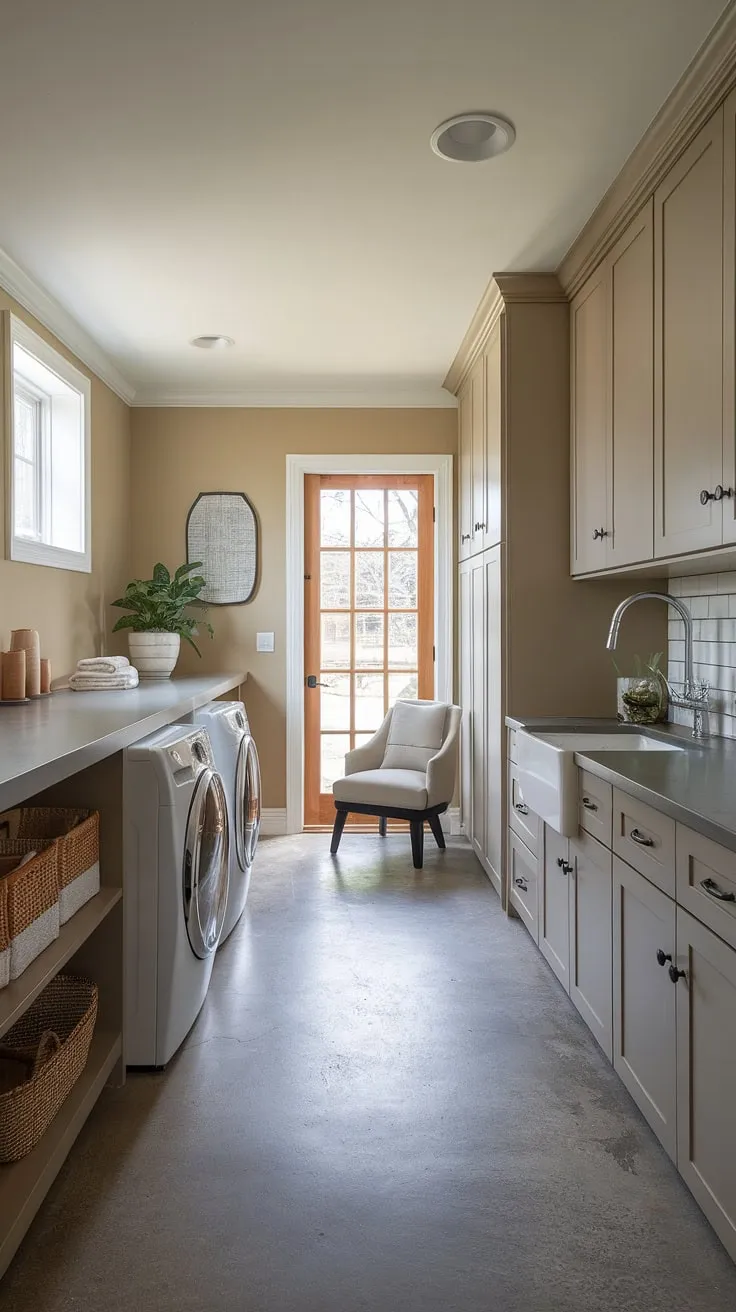 This basement utility room transformation is pure laundry room inspo! From drab to fab, this laundry room renovation boasts a dream laundry room setup with ample storage, a convenient sink, and even a cozy seating area. Clever laundry room layouts maximize space, making this the ultimate home laundry room and a perfect example of laundry ideas for a mudroom laundry or even a laundry mudroom combination. The result is a functional and stylish space that elevates everyday chores.