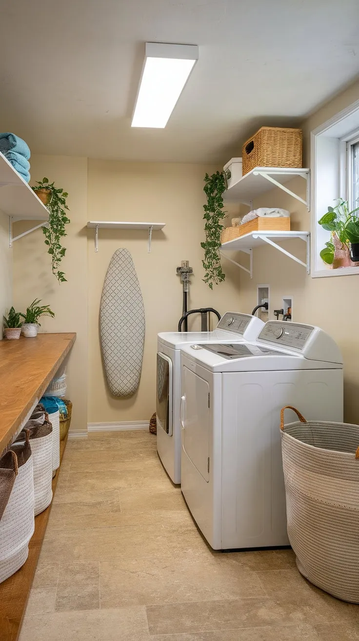 This laundry room inspiration showcases a stunning laundry room renovation. What was once a basement utility room is now a dream laundry room, complete with white appliances, ample storage, and a stylish countertop. The thoughtful laundry room layouts maximize space, and the addition of greenery creates a welcoming atmosphere. Consider this for your own home laundry room or mudroom laundry design. Plenty of laundry ideas to steal for your next project.