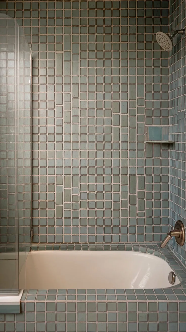 Ocean serenity meets mid-century modern in this stunning bathroom. The large format sea glass bathroom backsplash, a showstopper of blue, green, and clear tiles, transforms the bathtub surround and shower tile into a tranquil beach escape. This trending bathroom tile idea, perfect for mosaic bathroom ideas, showcases the beauty of large tile walls.
