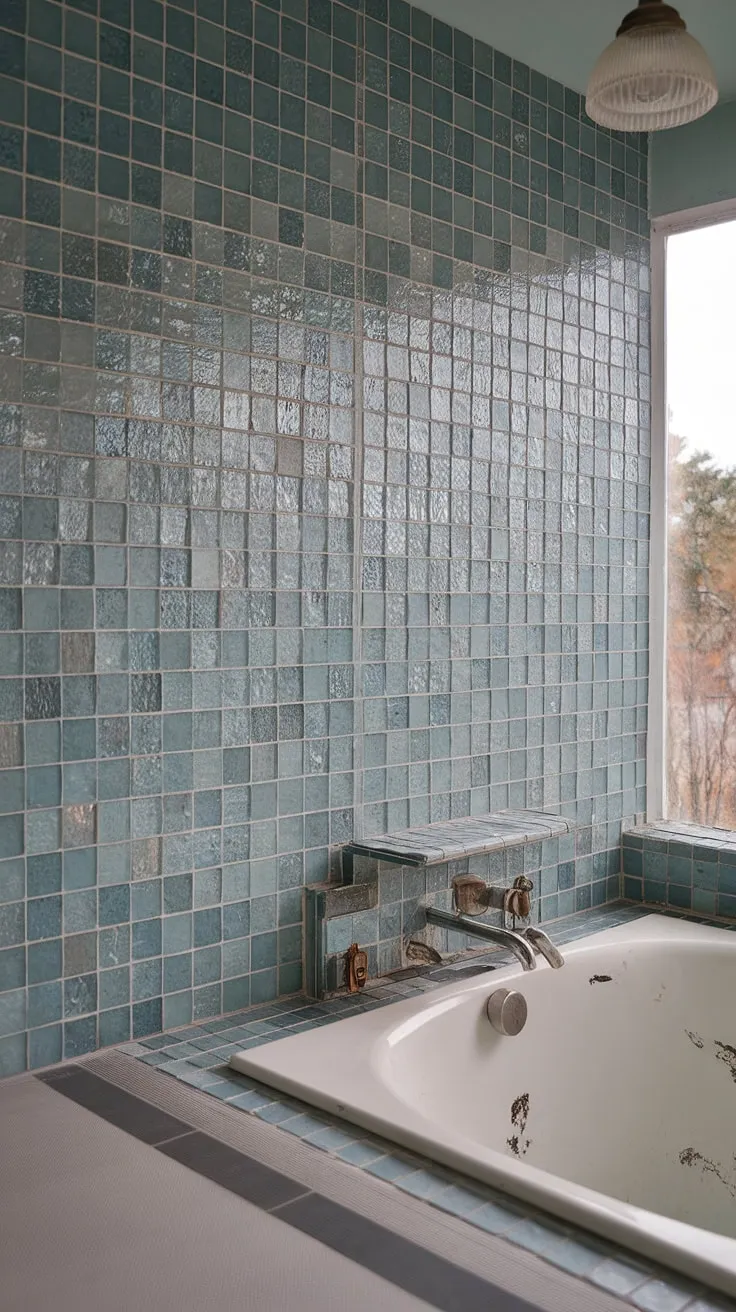 Sea glass dreams in this mid-century modern bathroom. The large format tile backsplash, extending from floor to ceiling as a stunning bathtub surround, showcases trending bathroom tile ideas with its colorful, mosaic design. A perfect example of beach bathroom tile and sea glass shower tile creating a truly unique shower tile and bathroom tile experience.
