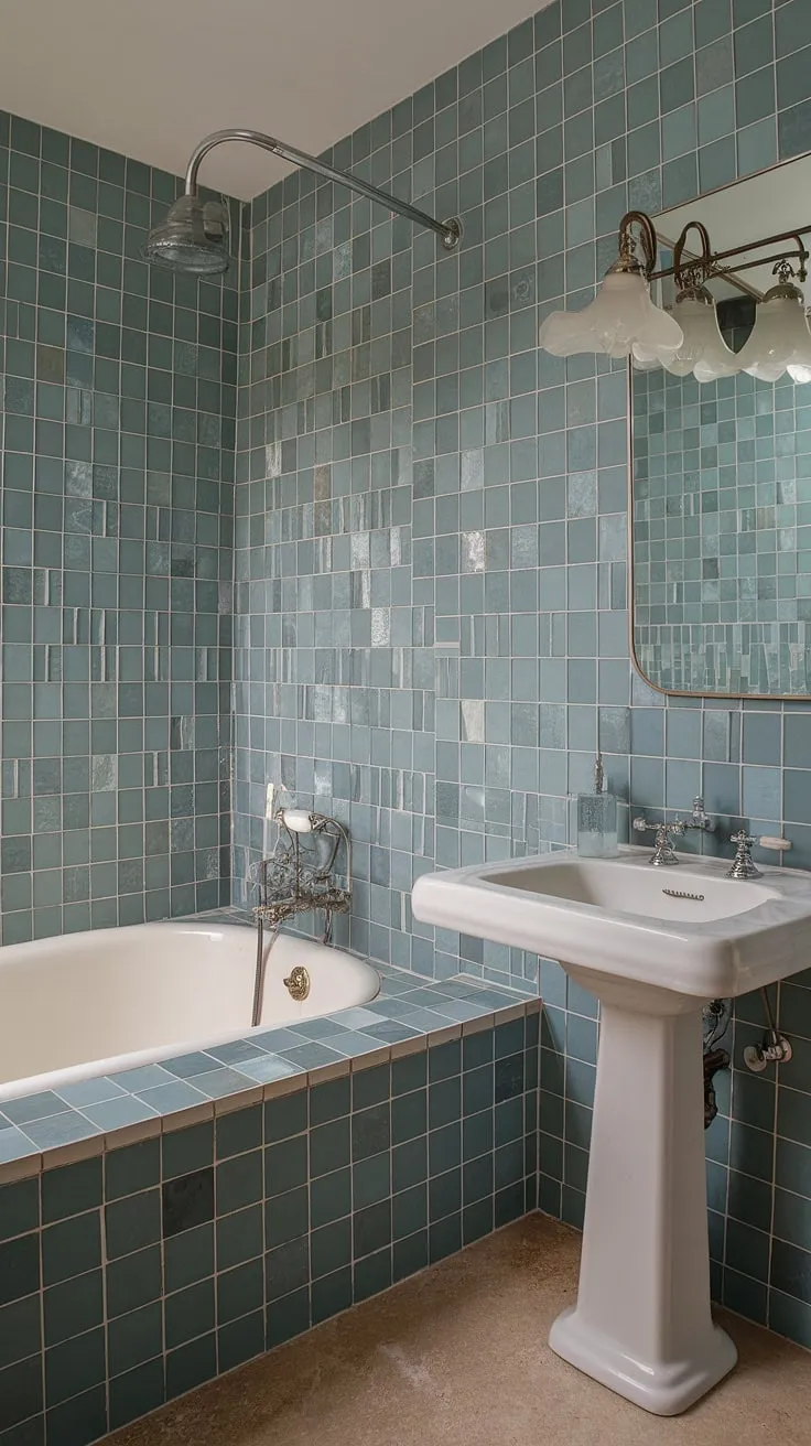 Step back in time with this stunning mid-century modern bathroom, featuring a breathtaking sea glass bathroom backsplash. The large format tile, in shades of blue, green, and clear, creates a mesmerizing effect as it extends from the bathroom tile backsplash to form a luxurious bathtub surround and shower tile. Large tile walls showcase this trending bathroom tile idea, offering a unique mosaic bathroom ideas approach. The vintage clawfoot tub and pedestal sink complement the colorful bathroom shower tile perfectly, while the beige floor tile provides a neutral backdrop. This beach bathroom tile design is the epitome of serene elegance.