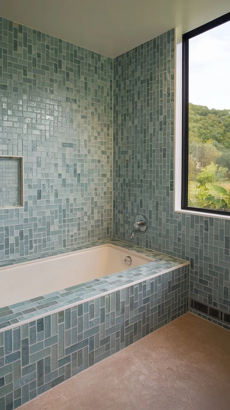 Sea glass shower tile creates a tranquil oasis in this bathroom. The large tile walls and colorful bathroom shower tile, combined with a large format tile backsplash, showcase the best in mosaic bathroom ideas and mid century modern bathroom tile.
