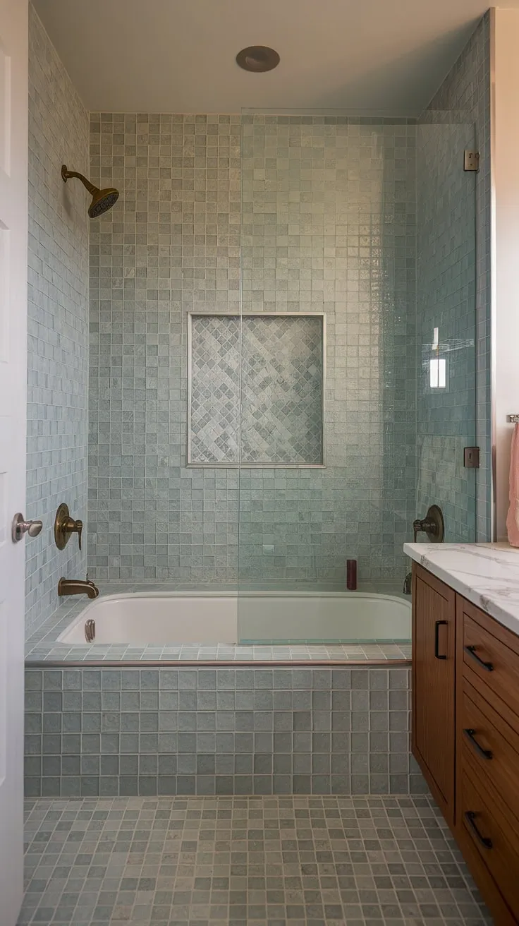 A beach-inspired sanctuary: This bathroom backsplash showcases trending bathroom tile ideas, featuring large format tile, a colorful bathroom shower tile, and a sea glass shower tile. The mid century modern bathroom tile, including the bathtub surround and large tile walls, complete this stunning mosaic bathroom ideas and beach bathroom tile design.