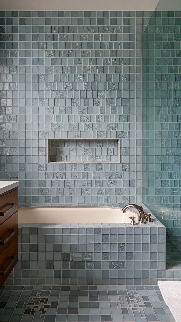 Ocean serenity meets mid-century modern in this stunning bathroom. The large format tile backsplash, a mesmerizing sea glass mosaic, flows seamlessly from floor to ceiling, creating a breathtaking bathtub surround and shower tile feature. Trending bathroom tile ideas at their finest.