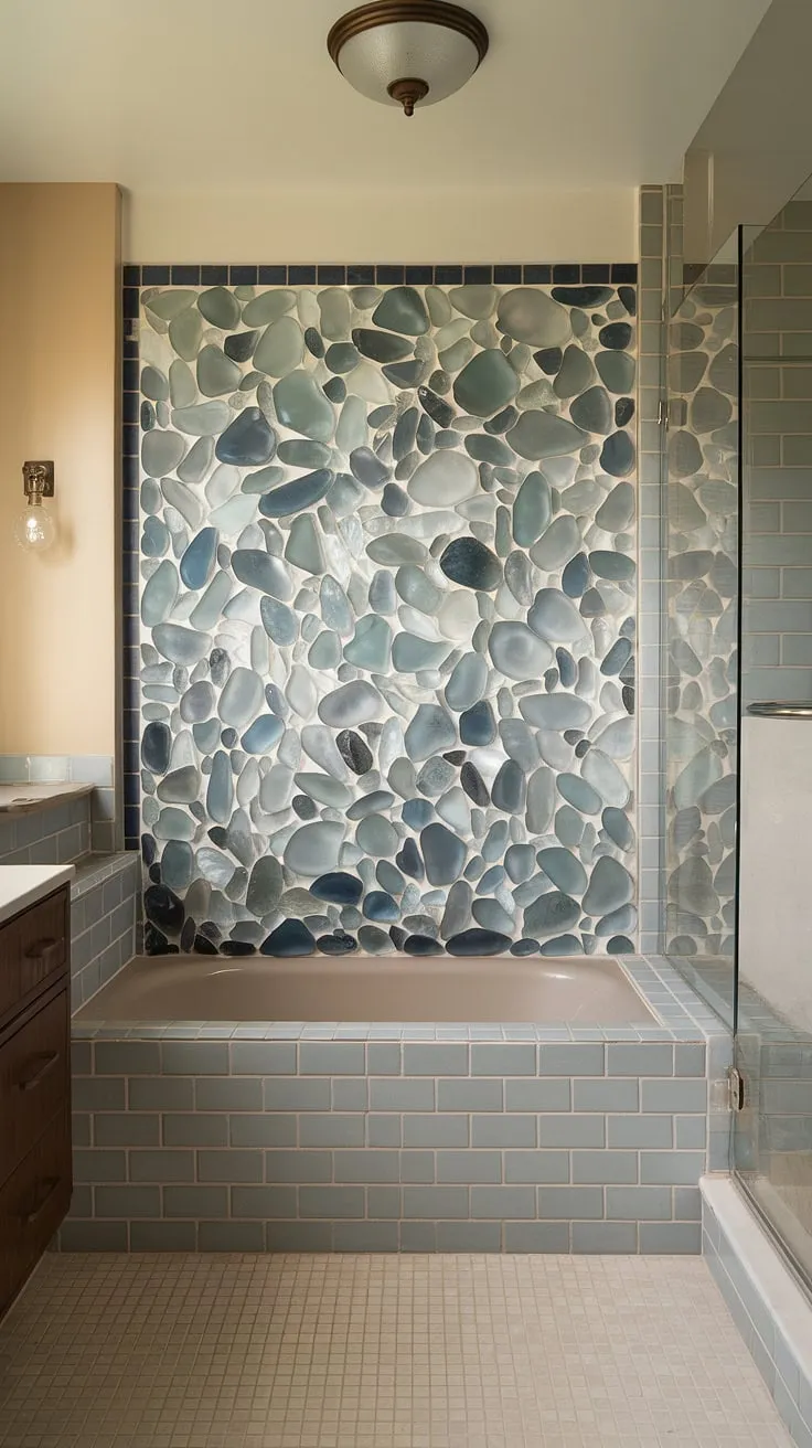 This tranquil mid-century modern bathroom features a show-stopping bathroom backsplash crafted from large format tile in a mesmerizing sea glass mosaic. The large tile walls are adorned with a mix of blues, greens, and clear tones, creating a unique and calming ambiance. The matching shower tile and bathtub surround, along with the beige and white checkered floor, perfectly complement the beach bathroom tile. This design exemplifies trending bathroom tile ideas and offers inspiring mosaic bathroom ideas, showcasing the beauty of sea glass shower tile and mid century modern bathroom tile.