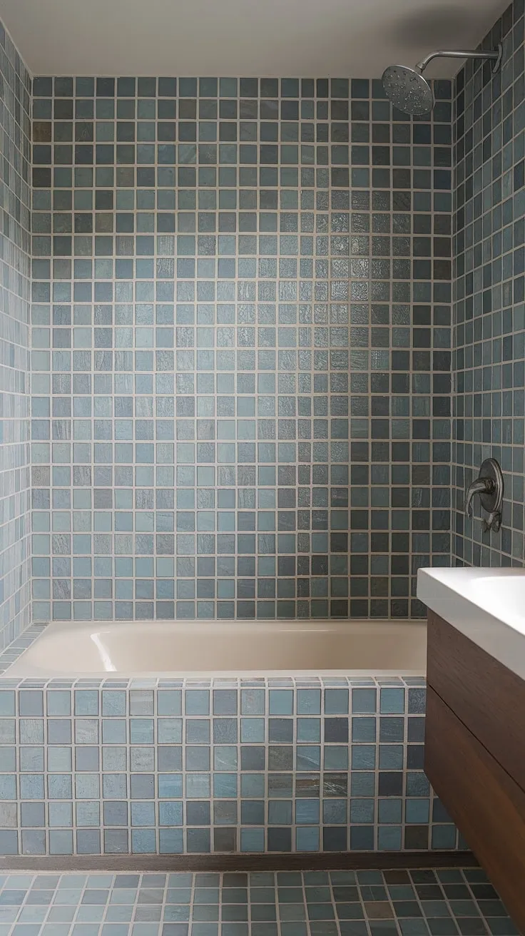 This bathroom backsplash is pure magic! Large tile walls of sea glass mosaic create a colorful bathroom shower tile that's both luxurious and calming. Mid-century modern bathroom tile meets mosaic bathroom ideas for a truly unique space.