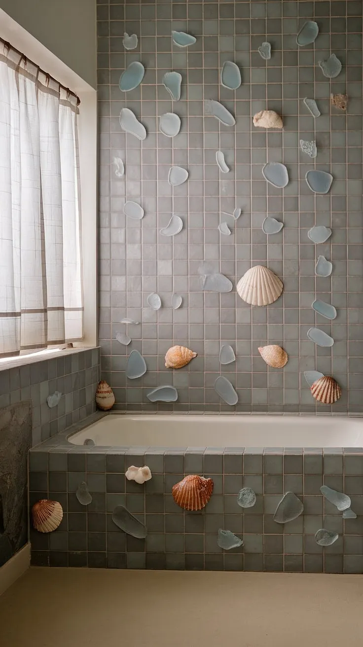 This dreamy bathroom remodel showcases trending bathroom tile ideas with a large format tile backsplash. The sea glass shower tile and seashell accents create a captivating beach bathroom tile design. The mid century modern bathroom tile is used as a stunning bathtub surround and shower tile, covering large tile walls. This mosaic bathroom ideas is a perfect example of how large format tile can elevate a space. The light beige flooring provides a neutral backdrop to the colorful bathroom shower tile.