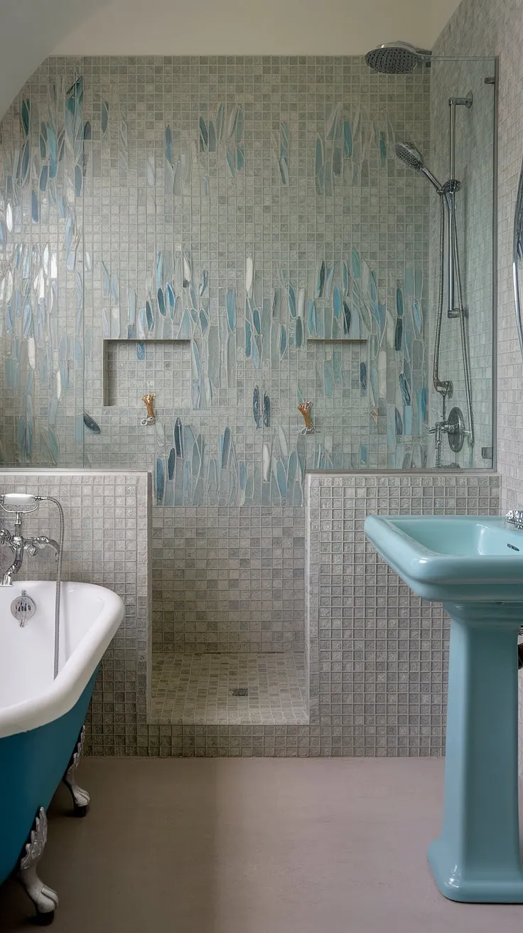 This mid-century modern bathroom's large tile walls are a showstopper. The colorful bathroom shower tile and beach bathroom tile of the bathroom backsplash, a sea glass mosaic, create a unique and captivating bathtub surround. Explore these mosaic bathroom ideas and large format tile for your own space.
