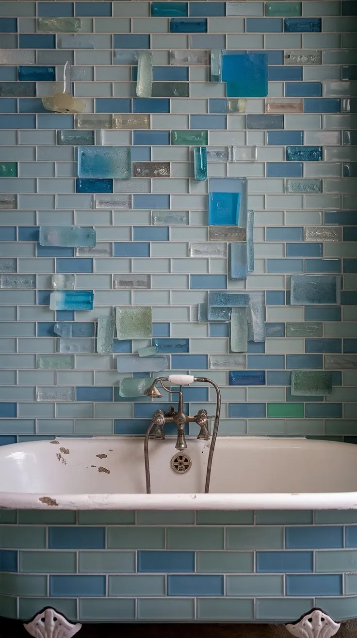Ocean serenity meets mid-century modern in this bathroom, where a stunning sea glass bathroom backsplash transforms the space. The large format tile creates a captivating bathtub surround and shower tile, showcasing trending bathroom tile ideas with its unique mosaic bathroom ideas.