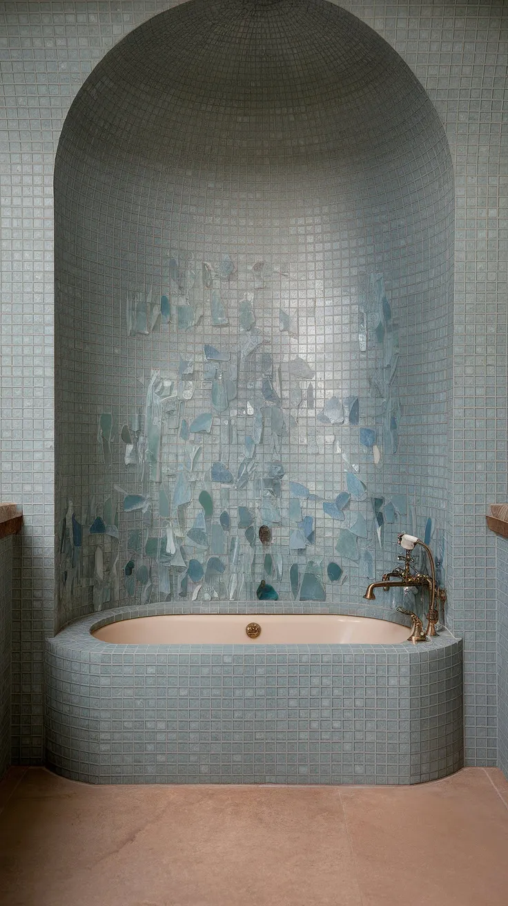 This dreamy bathroom is a testament to the enduring appeal of mid century modern bathroom tile. The large format tile, a sea glass mosaic in shades of blue, green, and clear, forms a captivating bathtub surround and extends to create a stunning shower tile and large tile walls. The sea glass shower tile's calming effect is amplified by the beige floor tile, creating a tranquil beach bathroom tile aesthetic. This innovative use of the bathroom tile as a bathroom backsplash is a prime example of trending bathroom tile ideas and showcases the beauty of mosaic bathroom ideas.