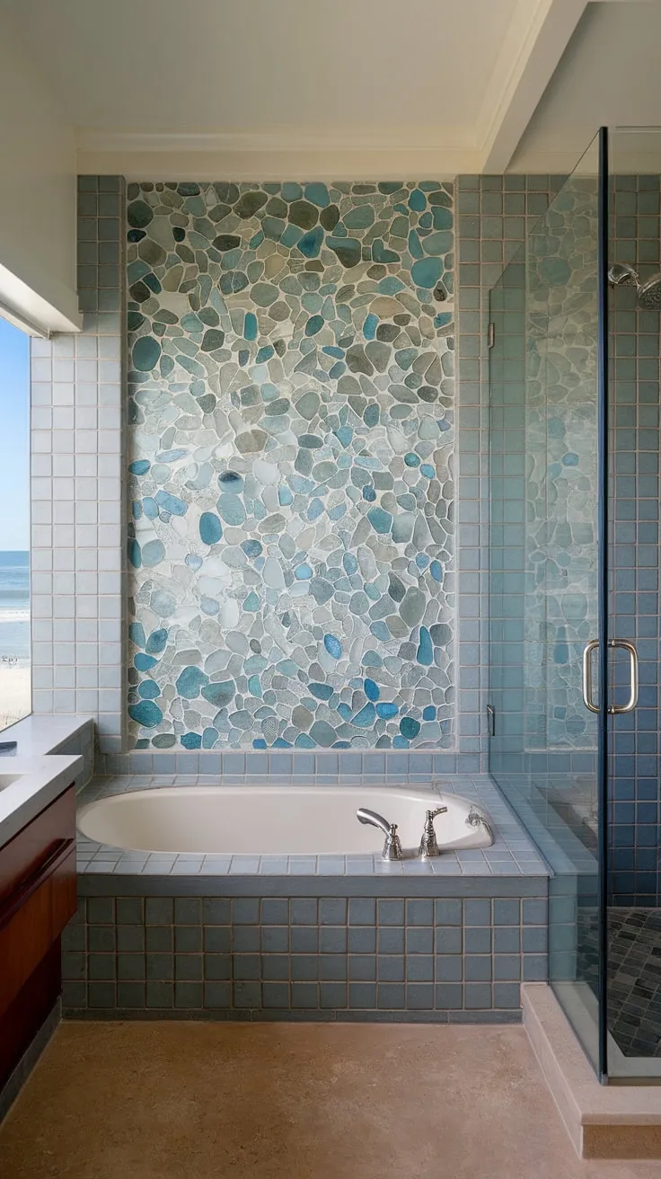 Ocean hues meet mid-century modern in this stunning bathroom. The large format sea glass tile backsplash, extending to the bathtub surround and shower tile, creates a breathtaking focal point. Trending bathroom tile ideas meet timeless design.