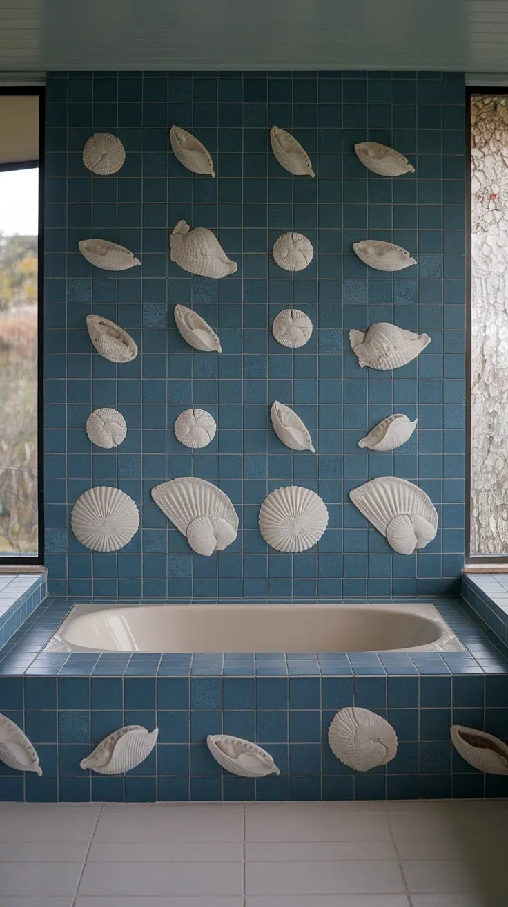 Ocean serenity meets mid-century modern in this stunning bathroom. The large format beach bathroom tile backsplash, extending from floor to ceiling as a bathtub surround and shower tile, creates a truly immersive experience. Trending bathroom tile ideas like this elevate any space.