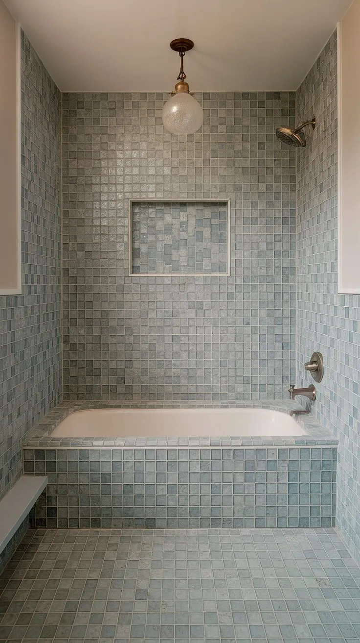 Ocean serenity meets mid-century modern in this stunning bathroom. The large format tile backsplash, a mesmerizing sea glass mosaic, transforms the bathtub surround and shower tile into a tranquil escape. Trending bathroom tile ideas at their finest.