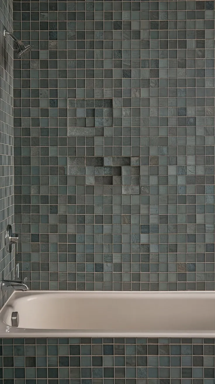 Ocean serenity meets mid-century modern in this bathroom, featuring a stunning sea glass mosaic bathroom backsplash. The large format tile creates a wavy, artistic focal point, extending the beach bathroom tile theme to the bathtub surround and colorful bathroom shower tile. This trending bathroom tile idea showcases the beauty of large tile walls.