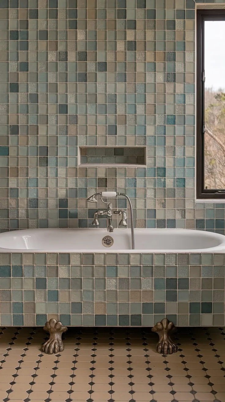 This stunning bathroom remodel features a show-stopping sea glass shower tile backsplash. The large format tile creates a luxurious bathtub surround, perfect for a mid century modern bathroom tile design. The beach bathroom tile's blend of blues, greens, and clears is both calming and vibrant. The thoughtful details, including the lion's paw tub and patterned floor, elevate this space into a haven of tranquility. Consider this a prime example of trending bathroom tile ideas and mosaic bathroom ideas, showcasing the impact of large tile walls in a bathroom.