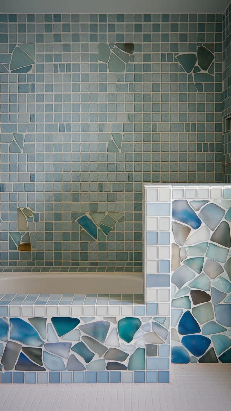 Ocean serenity meets mid-century modern in this stunning bathroom. The large format sea glass tiles create a captivating bathroom backsplash, bathtub surround, and shower tile, showcasing trending bathroom tile ideas with a mosaic bathroom design.