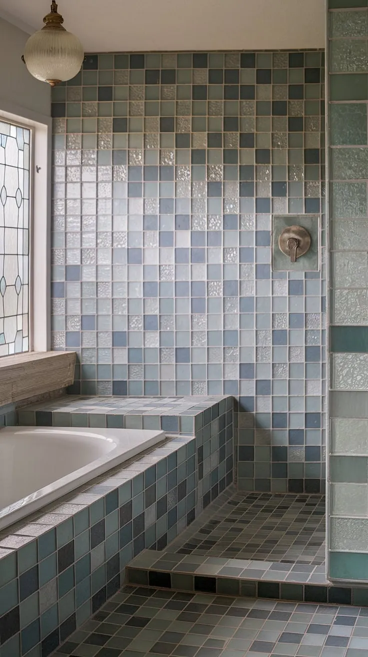 Bathed in the serene hues of a sea glass palette, this mid-century modern bathroom showcases stunning large format tile. The bathroom backsplash and bathtub surround are a masterpiece of beach bathroom tile, featuring a captivating mosaic of blues, greens, and clear tones, creating a truly unique and trending bathroom tile ideas. The large tile walls, complemented by smaller floor tiles, and colorful bathroom shower tile, complete the look. The vintage light fixture and stained-glass window add to the charm of this space, making it a perfect example of mosaic bathroom ideas and sea glass shower tile.