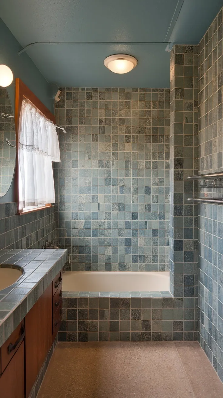 Submerged in serenity: This mid-century modern bathroom's stunning sea glass bathroom backsplash, crafted from large format tile, transforms the bathtub surround and shower tile into a tranquil oasis. The large tile walls and beach bathroom tile create a truly unique space, showcasing trending bathroom tile ideas and offering a fresh take on mosaic bathroom ideas.