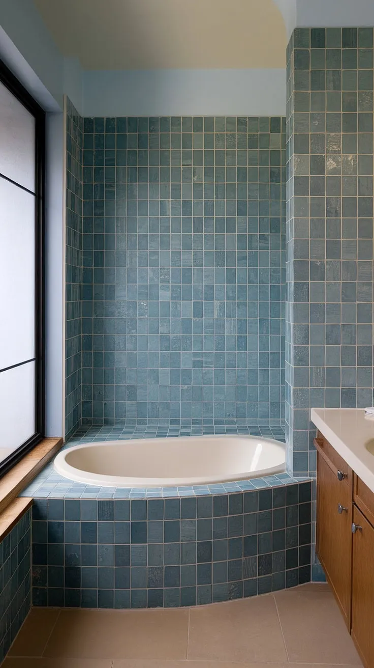 Bathed in light, this mid-century modern bathroom showcases stunning large format tile, creating a captivating sea glass effect. The blue hues of the bathroom backsplash, extending from floor to ceiling as a bathtub surround and shower tile, evoke a tranquil beach bathroom tile aesthetic. The large tile walls, a perfect example of trending bathroom tile ideas, are complemented by a wood cabinet and beige floor, offering a sophisticated mosaic bathroom ideas take on this classic style. The curved bathtub near the window completes the serene atmosphere.