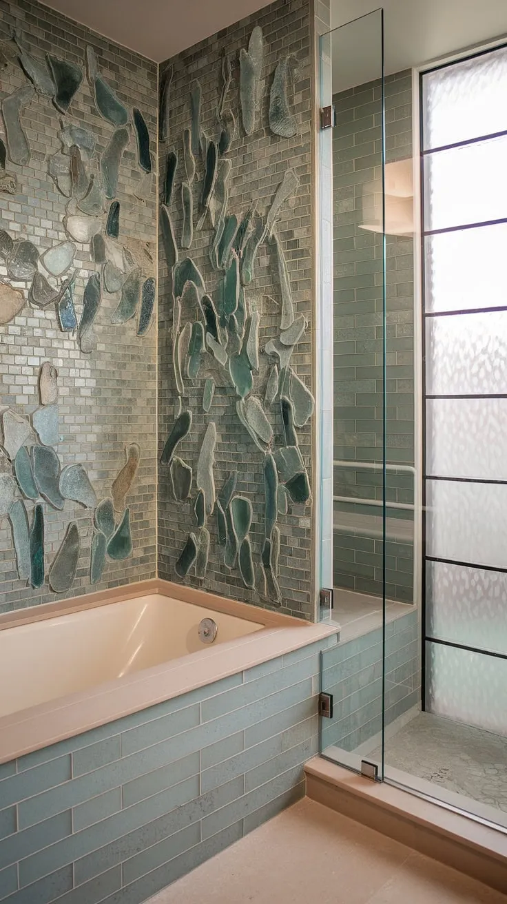 Bathed in the serene hues of a sea glass mosaic, this mid-century modern bathroom boasts a stunning large-format tile backsplash and bathtub surround. The wavy pattern of the beach bathroom tile adds texture and visual interest to the large tile walls, creating a truly unique and stylish space. The colorful bathroom shower tile, a showstopper in itself, complements the shower tile and overall design, showcasing trending bathroom tile ideas. This mosaic bathroom ideas exemplifies the perfect blend of retro charm and contemporary elegance.