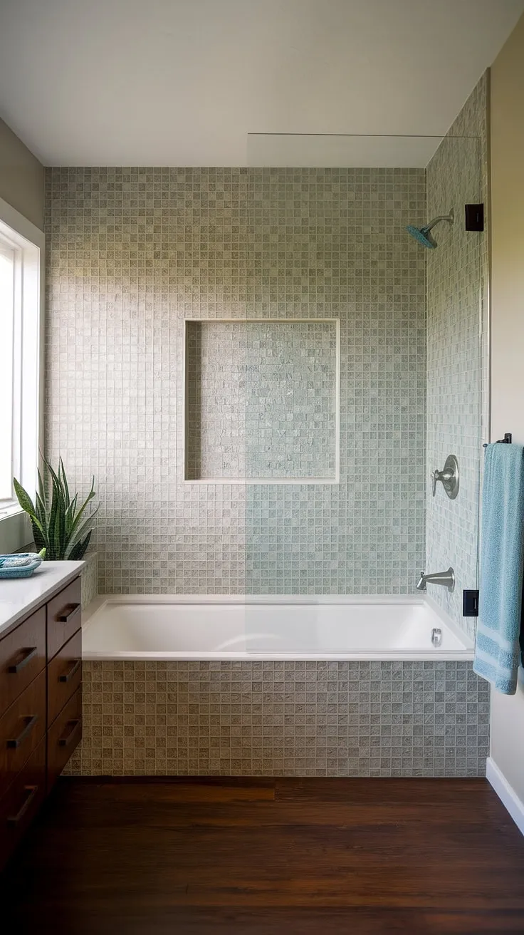 This mid-century modern bathroom's beach-inspired bathroom backsplash is pure magic. Large tile walls of colorful bathroom shower tile create a captivating mosaic bathroom ideas, showcasing the beauty of sea glass shower tile and large format tile in a stunning bathtub surround.