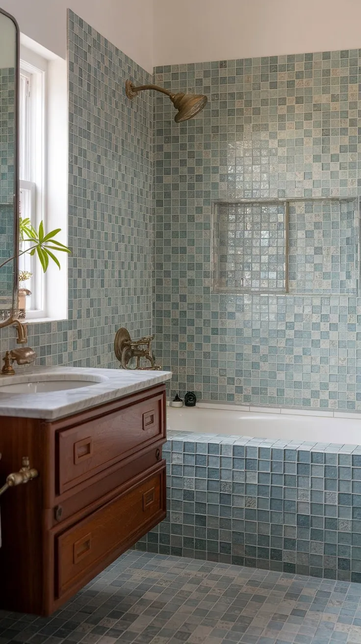 This mid-century modern bathroom is a serene escape, featuring a stunning sea glass mosaic bathroom backsplash. The large format tile, in shades of blue, green, and white, creates a captivating bathtub surround and shower tile, extending from floor to ceiling as large tile walls. This beach bathroom tile design showcases trending bathroom tile ideas and offers a unique take on mosaic bathroom ideas, with the colorful bathroom shower tile adding a touch of playful elegance. The vintage vanity and marble countertop complete the look.