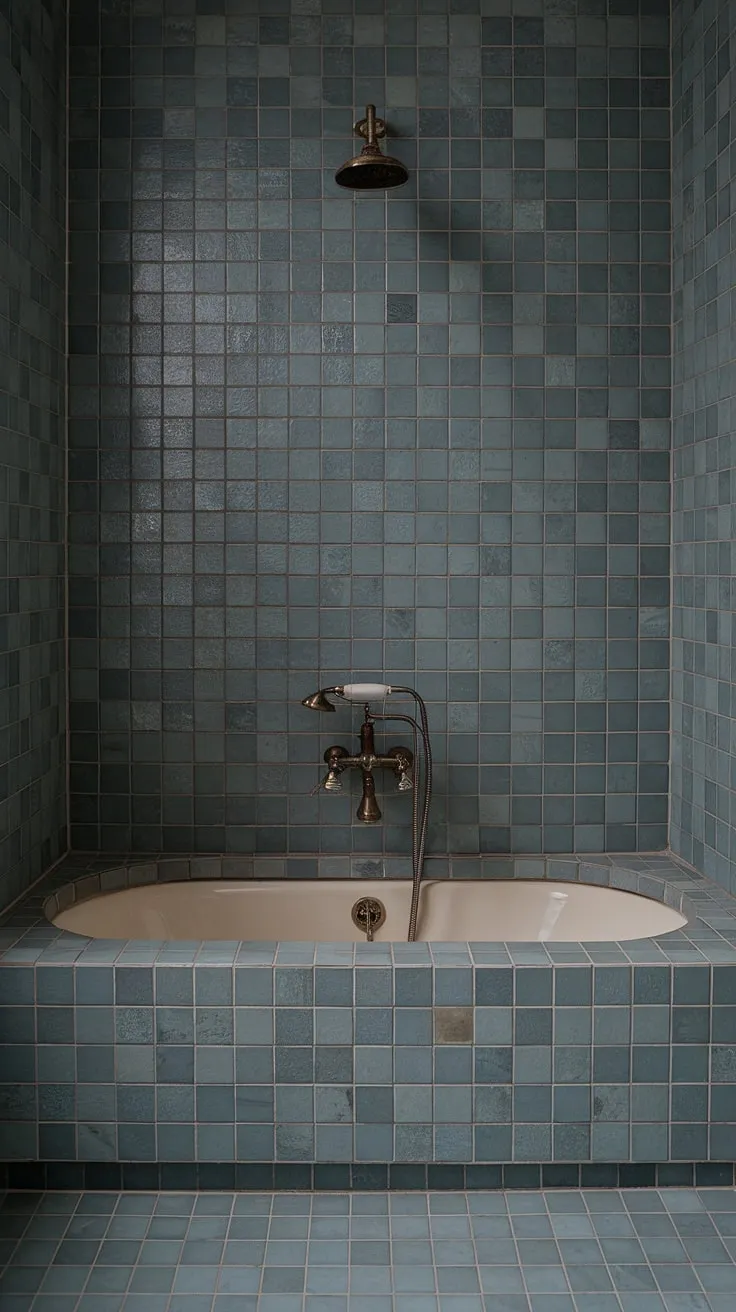 This dreamy bathroom boasts a captivating sea glass shower tile backsplash, a showstopper of large format tile. The bathtub sits elegantly on a platform of the same stunning beach bathroom tile, creating a cohesive and luxurious bathtub surround. The large tile walls are a testament to trending bathroom tile ideas, while the dark green accents and brass details add a touch of vintage charm. This is a masterclass in mosaic bathroom ideas and mid century modern bathroom tile, showcasing the transformative power of colorful bathroom shower tile.
