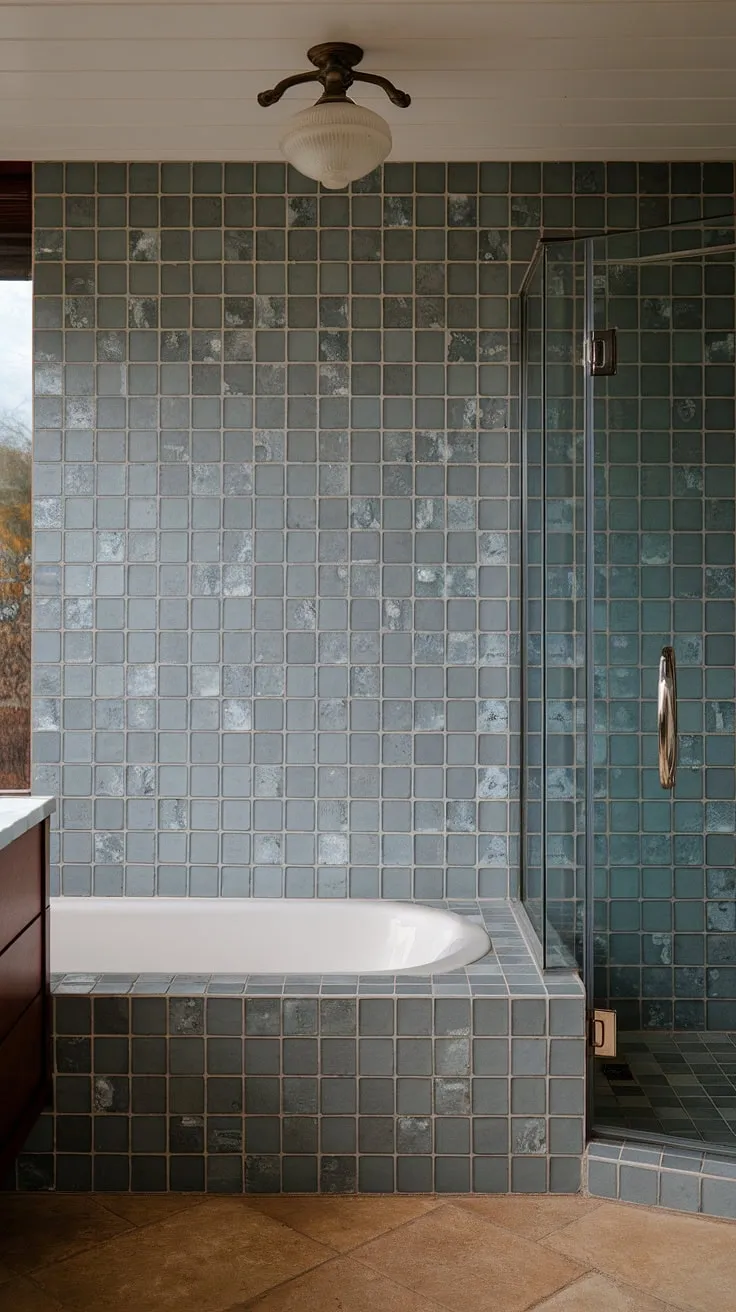 This stunning bathroom remodel showcases the beauty of large format tile. The sea glass shower tile, used as a bathroom backsplash and bathtub surround, creates a breathtaking focal point. The mid century modern bathroom tile design, featuring shades of blue, green, and clear, is both elegant and calming. The large tile walls, extending from the floor to the ceiling, enhance the spacious feel. This beach bathroom tile choice, along with the glass shower door and natural light, makes it a perfect example of trending bathroom tile ideas and mosaic bathroom ideas.