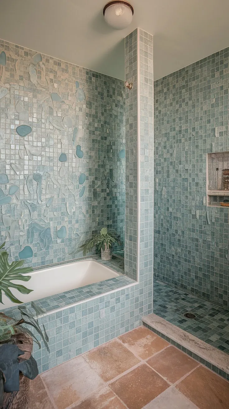 Bathed in the serene hues of a sea glass mosaic, this mid-century modern bathroom boasts stunning large format tile. The beach-inspired design features the same captivating sea glass shower tile and bathtub surround, creating a cohesive and calming atmosphere. The large tile walls, a showstopper in themselves, are complemented by a beige floor tile and vintage light fixture. This bathroom backsplash is a dream, showcasing trending bathroom tile ideas and offering a perfect example of mosaic bathroom ideas. The colorful bathroom shower tile adds a touch of playful elegance.