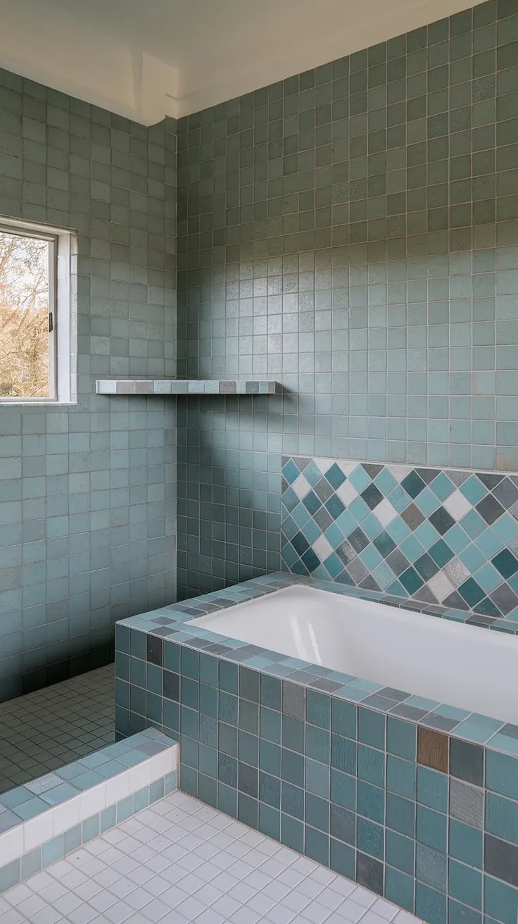 This beach bathroom tile design is the epitome of serene sophistication. The mid century modern bathroom tile choices are bold yet balanced, featuring large format tile on the walls in calming sea glass tones. The bathtub surround and shower area boast a captivating mosaic of colorful bathroom shower tile, a stunning example of trending bathroom tile ideas. The large tile walls and white floor create a bright and airy space, while the carefully curated beach bathroom tile palette evokes the feeling of a seaside retreat. The use of sea glass shower tile adds a touch of unique elegance.