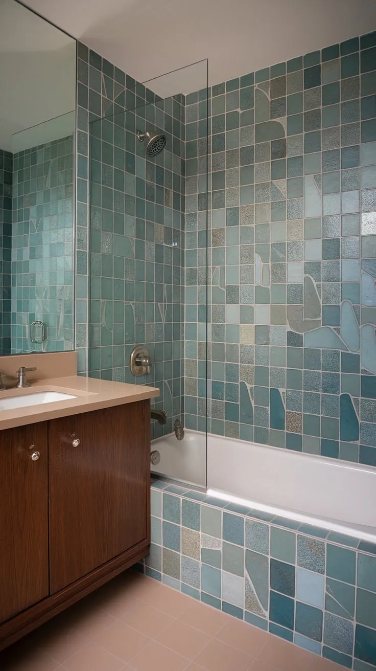 This stunning bathroom remodel perfectly captures the essence of mid century modern bathroom tile. The large format tile used for the bathroom backsplash and bathtub surround features a captivating sea glass design, creating a tranquil beach bathroom tile aesthetic. The shower tile, in coordinating shades of blue, green, and clear, complements the large tile walls beautifully. This space is a testament to trending bathroom tile ideas, showcasing the luxurious effect of large tile walls and offering a fresh perspective on mosaic bathroom ideas. The overall design is a masterclass in sea glass shower tile application.