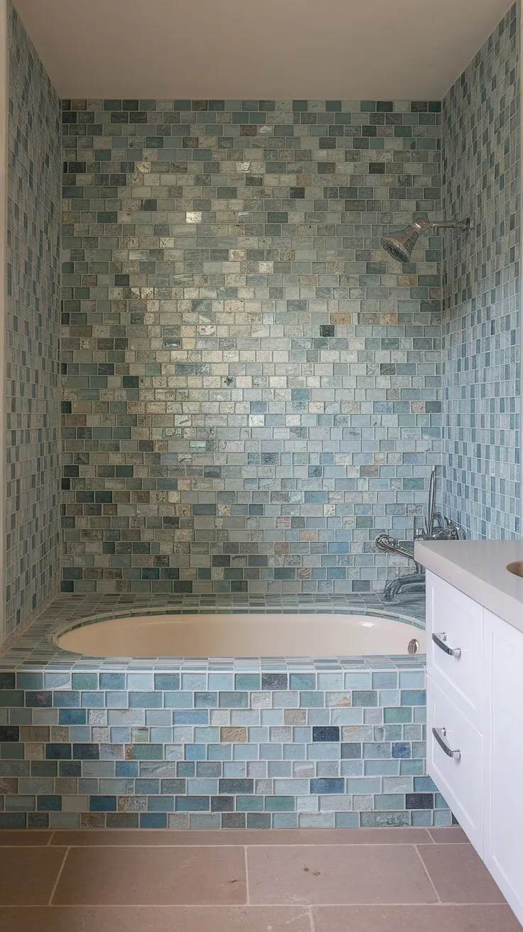 This bathroom backsplash is a showstopper! Large tile walls of sea glass mosaic create a colorful bathroom shower tile and bathtub surround, showcasing the best in mid century modern bathroom tile and large format tile. Mosaic bathroom ideas don't get more luxurious.