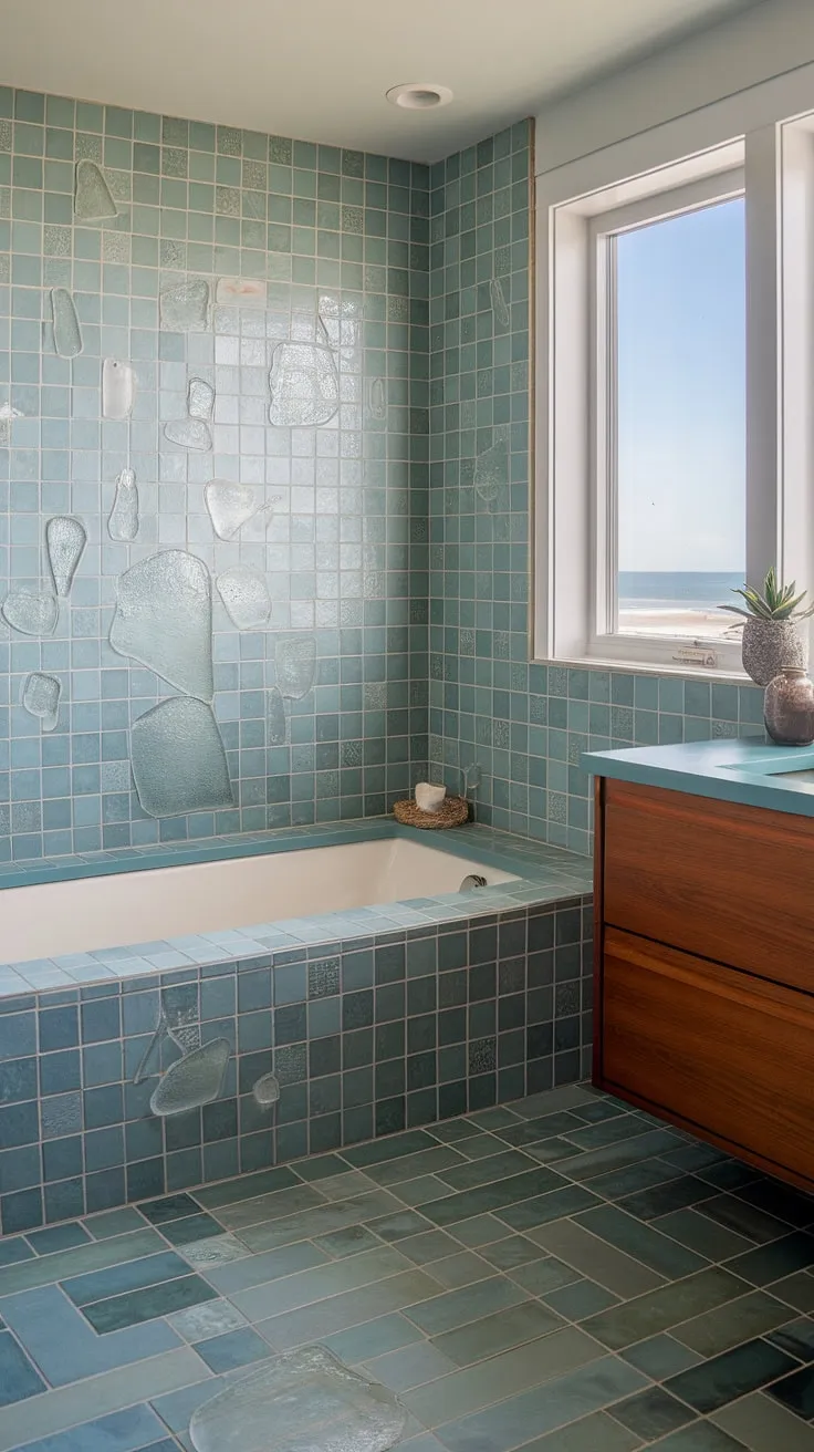 Bathed in natural light, this mid-century modern bathroom boasts a stunning sea glass design. The large format tile creates a breathtaking bathroom backsplash and bathtub surround, extending to the shower tile and floor for a cohesive look. The colorful bathroom shower tile, a perfect example of trending bathroom tile ideas, evokes a tranquil beach vibe, complemented by the wooden vanity and ocean view. This mosaic bathroom ideas showcases the beauty of large tile walls and beach bathroom tile, with the sea glass shower tile adding a touch of elegance.