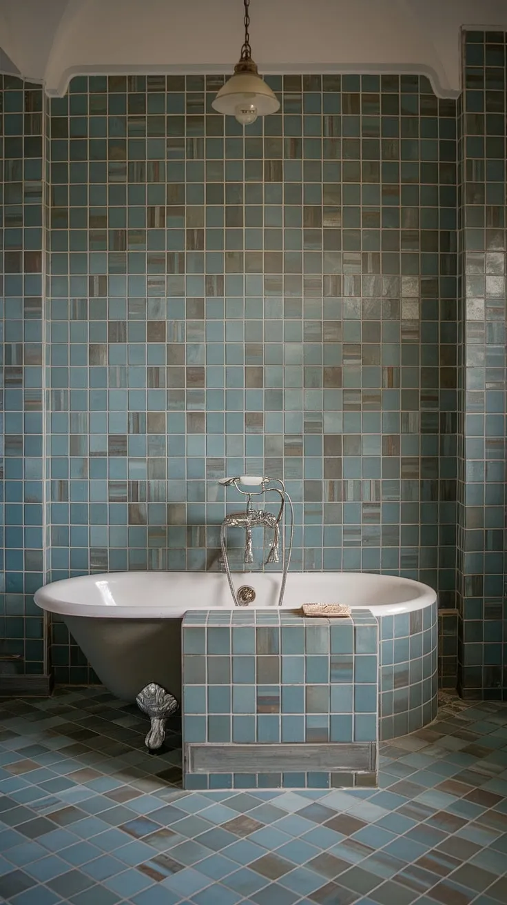 Dive into design: A captivating bathroom backsplash of beach bathroom tile sets the tone in this mid-century modern bathroom. The large format tile, used as a bathtub surround and shower tile, creates a mesmerizing sea glass shower tile effect on the large tile walls. This is the epitome of trending bathroom tile ideas.
