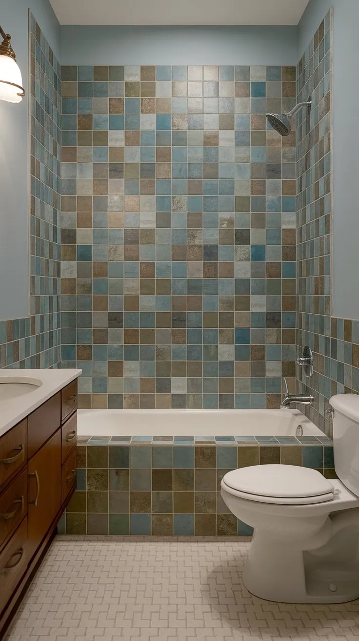 Sea glass shower tile in large format creates a mesmerizing bathroom backsplash and bathtub surround in this mid-century modern bathroom. The colorful bathroom shower tile and large tile walls are a perfect example of trending bathroom tile ideas, offering a unique and stylish bathroom tile solution.