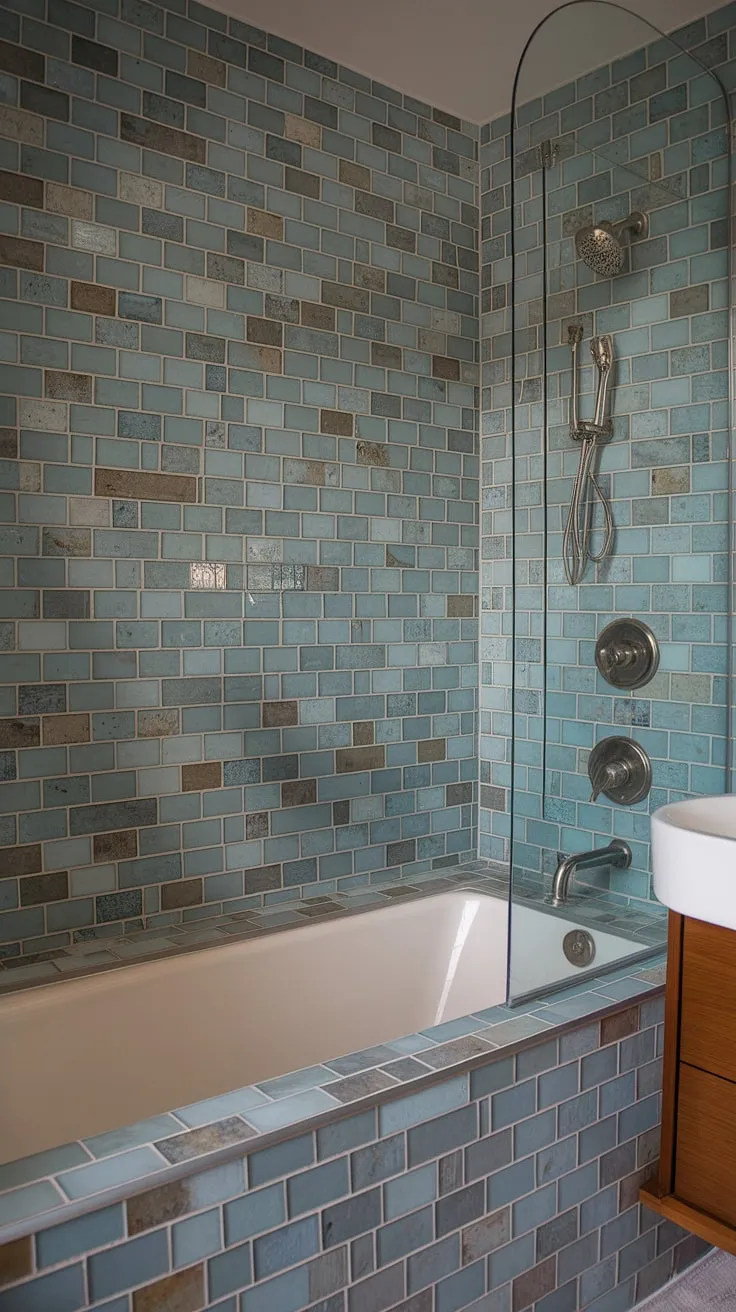 The captivating sea glass shower tile creates a mesmerizing focal point in this bathroom. The large format tile, used as a bathroom backsplash and shower tile, features a beautiful beach-inspired design. The large tile walls, extending from the bathtub surround to the shower area, showcase the stunning shades of blue, green, and white. This mid-century modern bathroom tile design is a trending bathroom tile idea, perfect for a beach-style home. The colorful bathroom shower tile and mosaic bathroom ideas combine to create a truly unique and relaxing space.