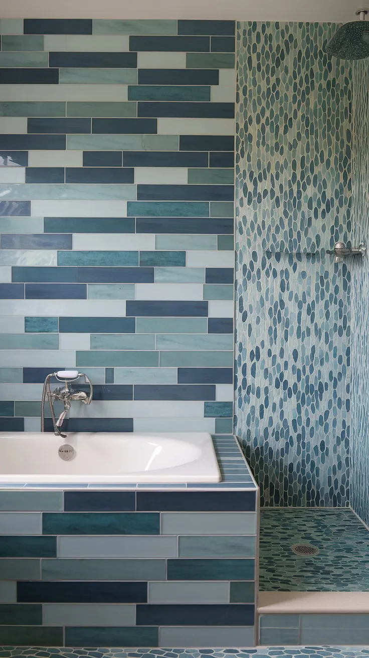 Ocean serenity meets mid-century modern in this stunning bathroom. The large format tile backsplash, extending from floor to ceiling, creates a breathtaking bathtub surround and shower tile feature, showcasing trending bathroom tile ideas with a sea glass mosaic accent.