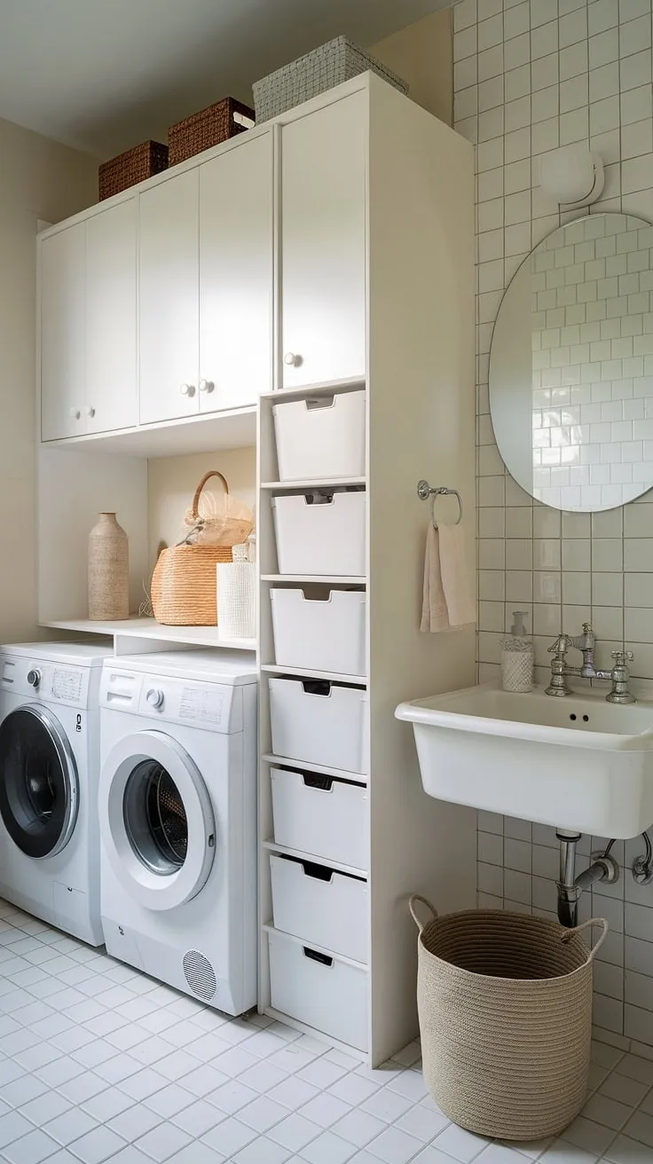 This stunning laundry bathroom combo is the epitome of laundry room inspiration. The white laundry cabinets offer ample room storage DIY solutions, maximizing space in this clever laundry renovation. Notice the convenient placement of the washing machine and dryer alongside the white sink and mirror, creating a seamless flow. A basket sits ready for clean laundry, and the tiled floor adds a touch of practicality. Even the laundry powder has a designated spot in this efficient makeover.