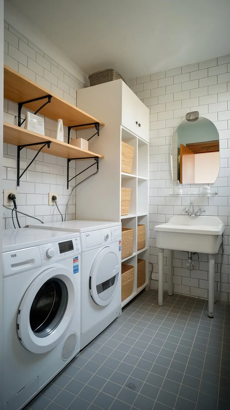 Streamlined style and smart storage: This bathroom laundry combo is laundry room inspiration at its finest. The laundry renovation resulted in a functional and beautiful space, showcasing clever room storage DIY and a fresh white laundry aesthetic.