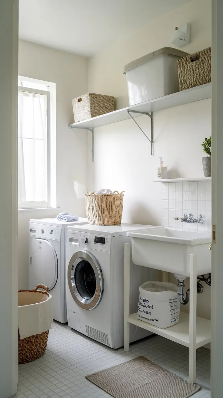 Maximize space and minimize clutter with this clever laundry bathroom combo. This laundry makeover showcases efficient design, from the built-in storage to the convenient placement of the laundry powder. Find your laundry room inspiration here.