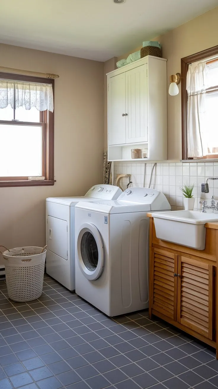 This bathroom laundry combo is the epitome of efficient design. The white washer and dryer blend seamlessly with the light wood vanity and white cabinetry, creating a bright and airy feel. Clever room storage DIY solutions maximize space, while the grey and white tiled floor adds a touch of modern elegance. Keeping your white laundry sparkling clean is a breeze with ample space for laundry powder storage. This laundry renovation is a perfect example of laundry room inspiration, a true laundry makeover success.